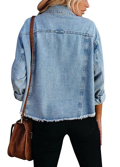 Women's denim jacket with brushed and washed buttons, short style with pockets